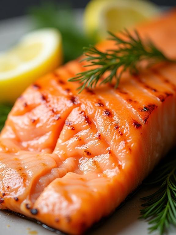 Närbild på en perfekt grillad laxfilé med citron och dill